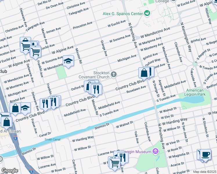 map of restaurants, bars, coffee shops, grocery stores, and more near 1789 Country Club Boulevard in Stockton