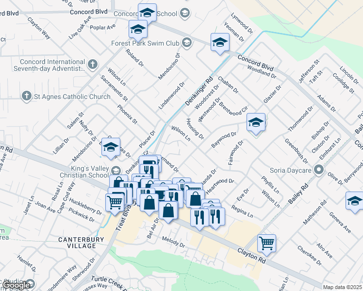 map of restaurants, bars, coffee shops, grocery stores, and more near 4270 Dubhe Court in Concord