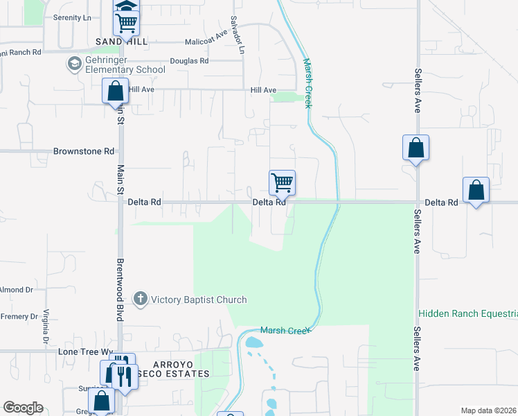 map of restaurants, bars, coffee shops, grocery stores, and more near 471 Delta Road in Oakley