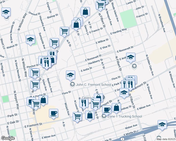 map of restaurants, bars, coffee shops, grocery stores, and more near 2240 East Acacia Street in Stockton
