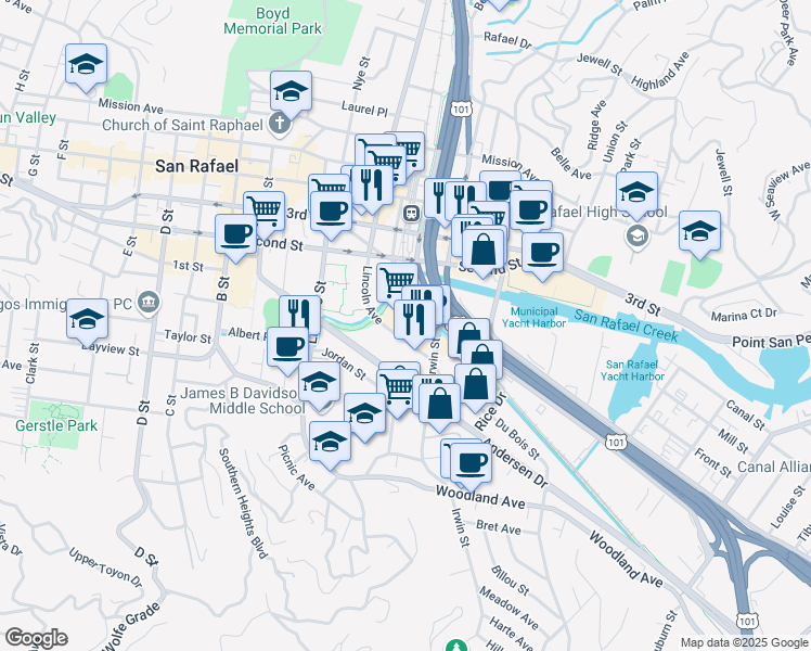 map of restaurants, bars, coffee shops, grocery stores, and more near 735 Lincoln Ave in San Rafael