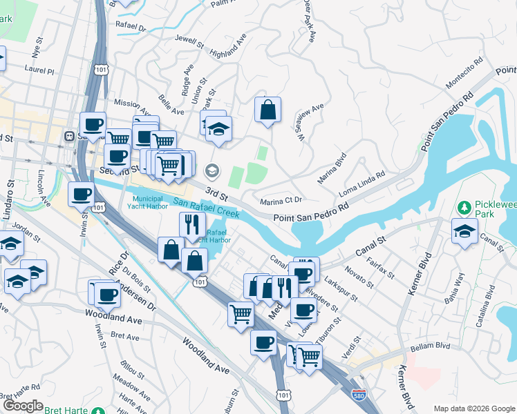 map of restaurants, bars, coffee shops, grocery stores, and more near 28 Marina Court Drive in San Rafael