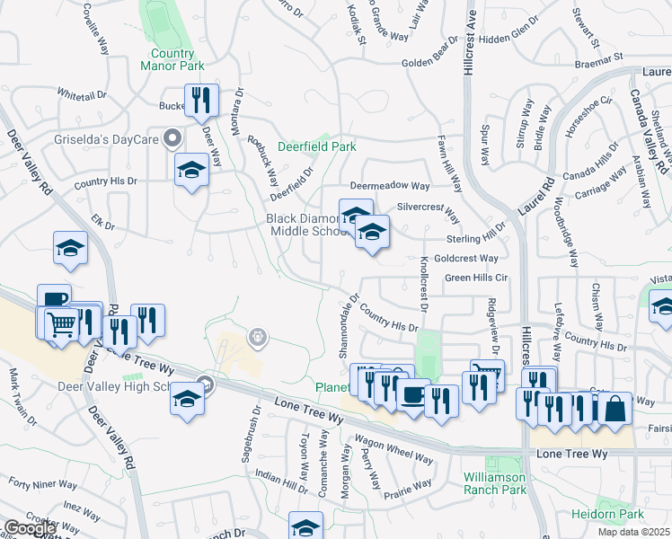 map of restaurants, bars, coffee shops, grocery stores, and more near 4521 Golden Hills Court in Antioch