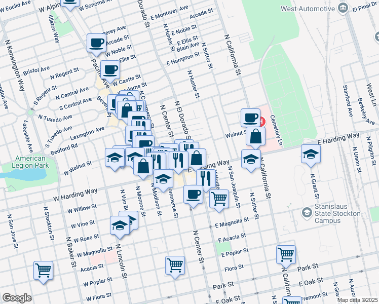 map of restaurants, bars, coffee shops, grocery stores, and more near 1601 North El Dorado Street in Stockton