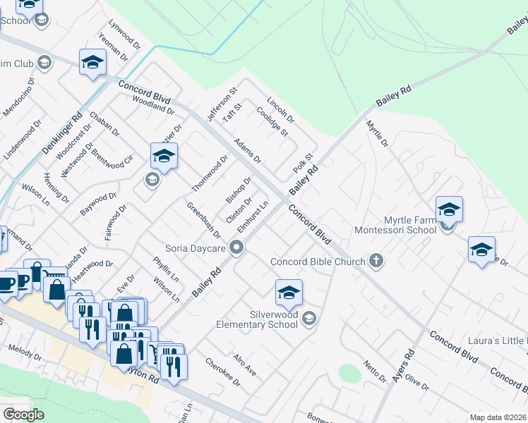 map of restaurants, bars, coffee shops, grocery stores, and more near 1760 Elmhurst Lane in Concord