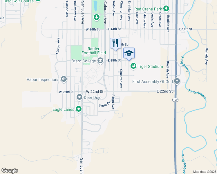 map of restaurants, bars, coffee shops, grocery stores, and more near 14-98 East 22nd Street in La Junta