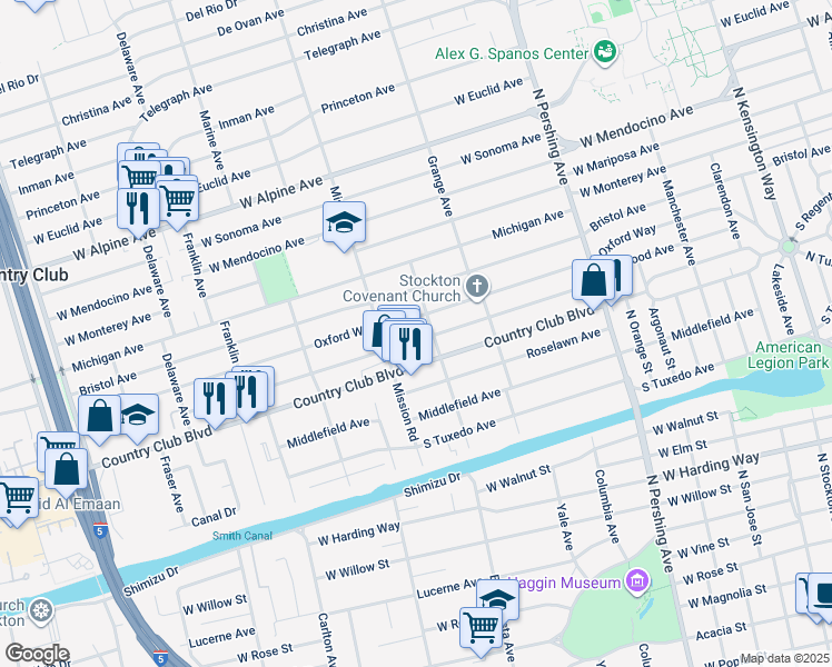 map of restaurants, bars, coffee shops, grocery stores, and more near 1860 Elmwood Avenue in Stockton