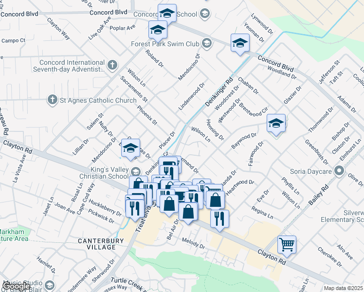 map of restaurants, bars, coffee shops, grocery stores, and more near 4204 Dubhe Court in Concord