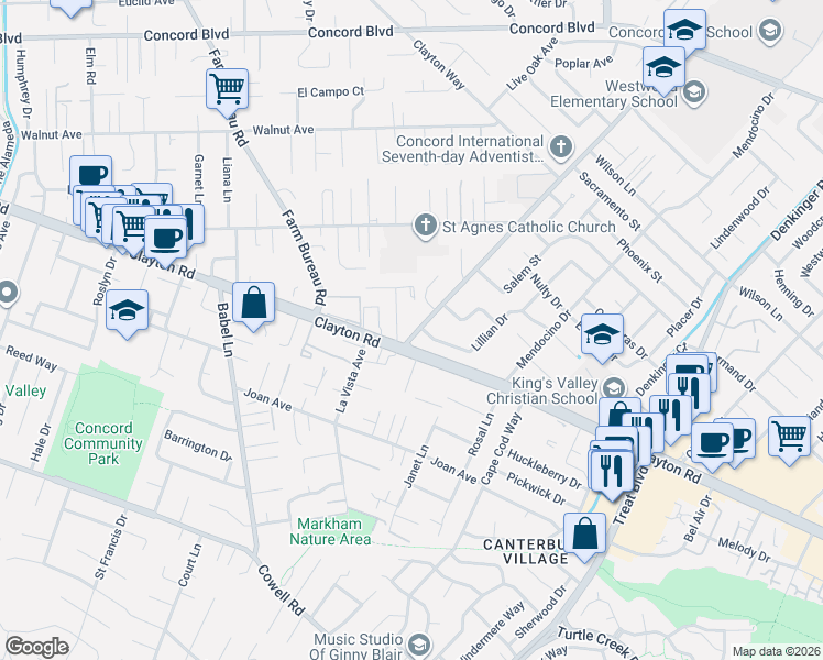 map of restaurants, bars, coffee shops, grocery stores, and more near 3918 Clayton Road in Concord