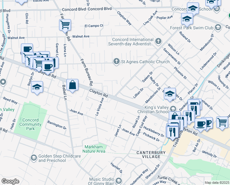 map of restaurants, bars, coffee shops, grocery stores, and more near 3918 Clayton Road in Concord