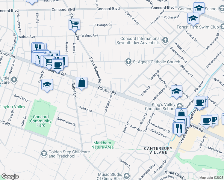 map of restaurants, bars, coffee shops, grocery stores, and more near 3892 Villa Vista Place in Concord