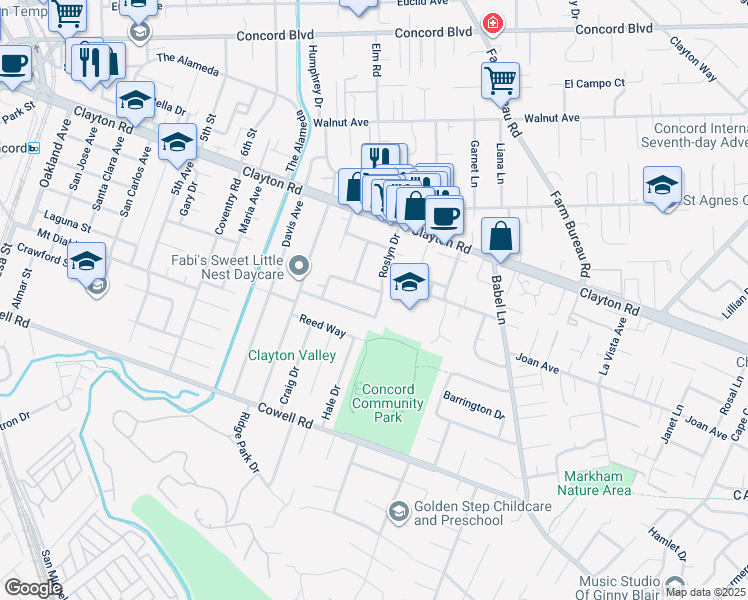 map of restaurants, bars, coffee shops, grocery stores, and more near 138 Roslyn Drive in Concord