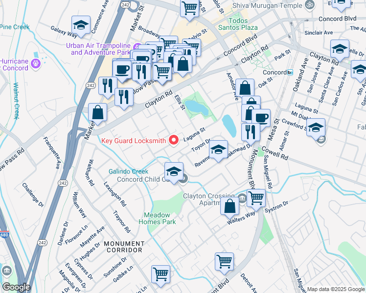 map of restaurants, bars, coffee shops, grocery stores, and more near 1463 Toyon Drive in Concord