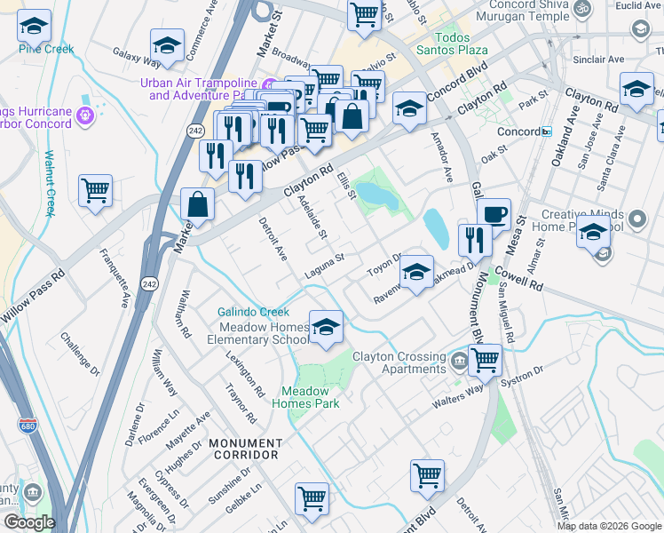 map of restaurants, bars, coffee shops, grocery stores, and more near 2000 Laguna Circle in Concord