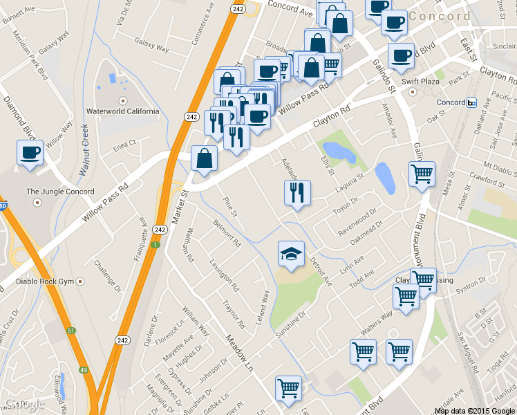 map of restaurants, bars, coffee shops, grocery stores, and more near 1500 Pine Street in Concord