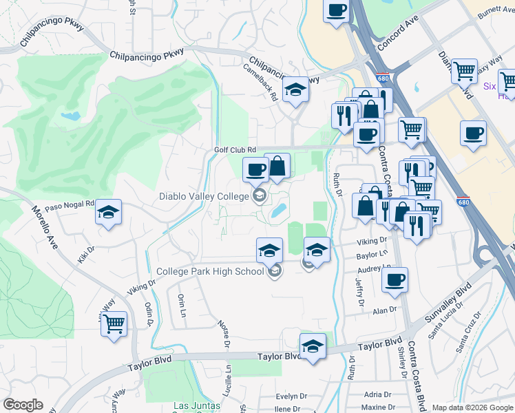 map of restaurants, bars, coffee shops, grocery stores, and more near in Pleasant Hill