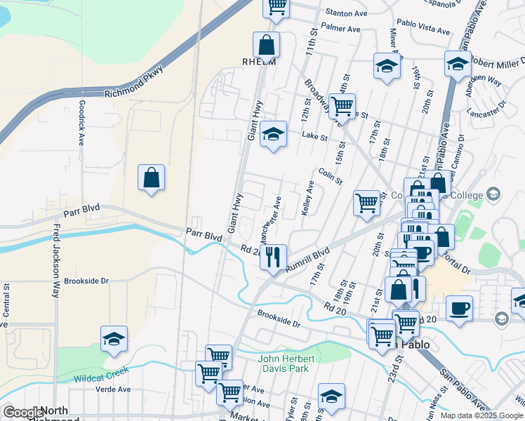 map of restaurants, bars, coffee shops, grocery stores, and more near 2489 Frieda Court in San Pablo