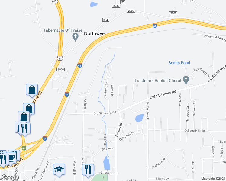 map of restaurants, bars, coffee shops, grocery stores, and more near 2125 Ware Circle in Rolla