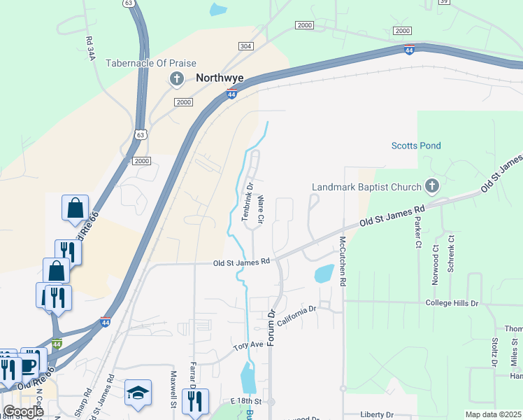 map of restaurants, bars, coffee shops, grocery stores, and more near 2125 Ware Circle in Rolla