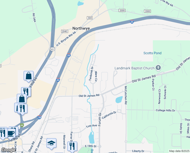 map of restaurants, bars, coffee shops, grocery stores, and more near 2125 Ware Circle in Rolla