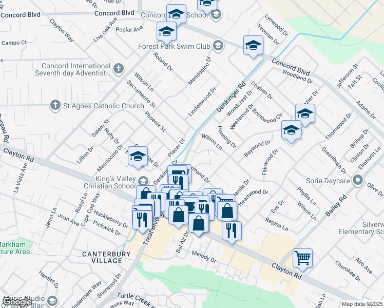 map of restaurants, bars, coffee shops, grocery stores, and more near 4204 Dubhe Court in Concord