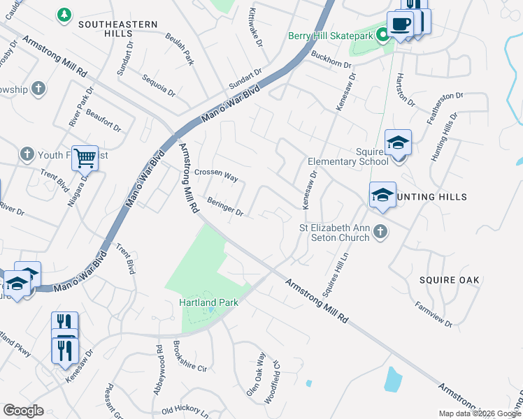 map of restaurants, bars, coffee shops, grocery stores, and more near 1672 Beringer Drive in Lexington