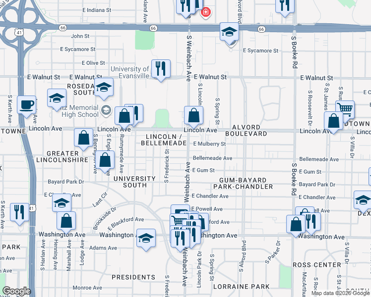 map of restaurants, bars, coffee shops, grocery stores, and more near 701 South Weinbach Avenue in Evansville
