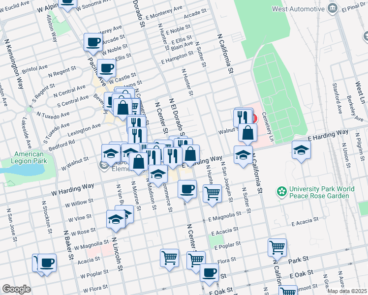 map of restaurants, bars, coffee shops, grocery stores, and more near 1601 North El Dorado Street in Stockton