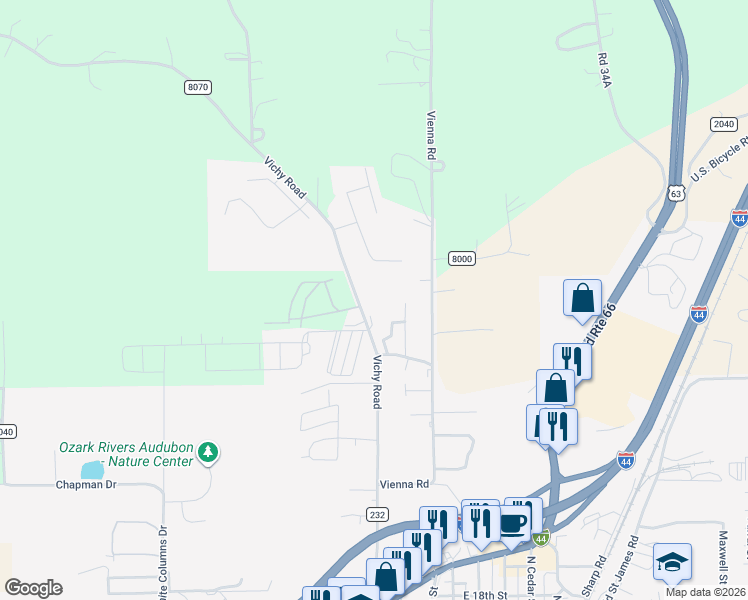 map of restaurants, bars, coffee shops, grocery stores, and more near 2430 Three Chimneys Road in Rolla