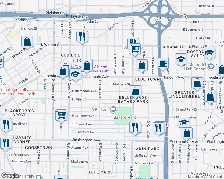 map of restaurants, bars, coffee shops, grocery stores, and more near 849 Bellemeade Avenue in Evansville