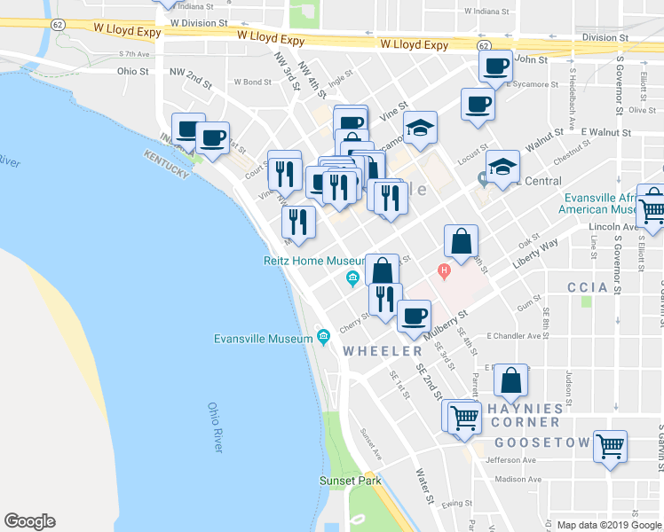 map of restaurants, bars, coffee shops, grocery stores, and more near 120 Southeast 1st Street in Evansville