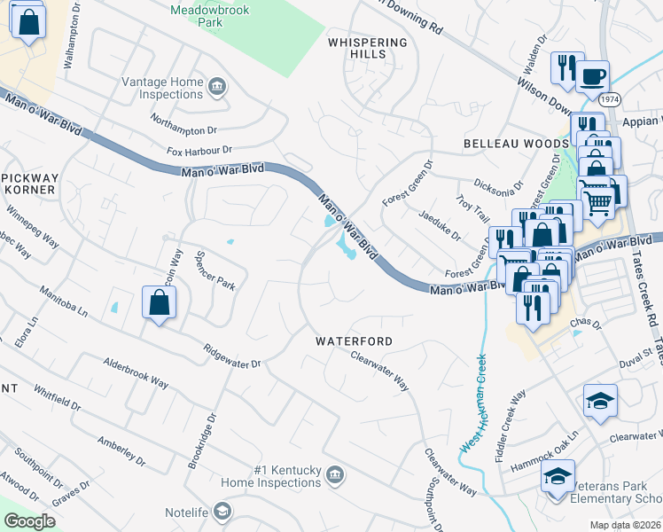 map of restaurants, bars, coffee shops, grocery stores, and more near 513 Brookwater Lane in Lexington