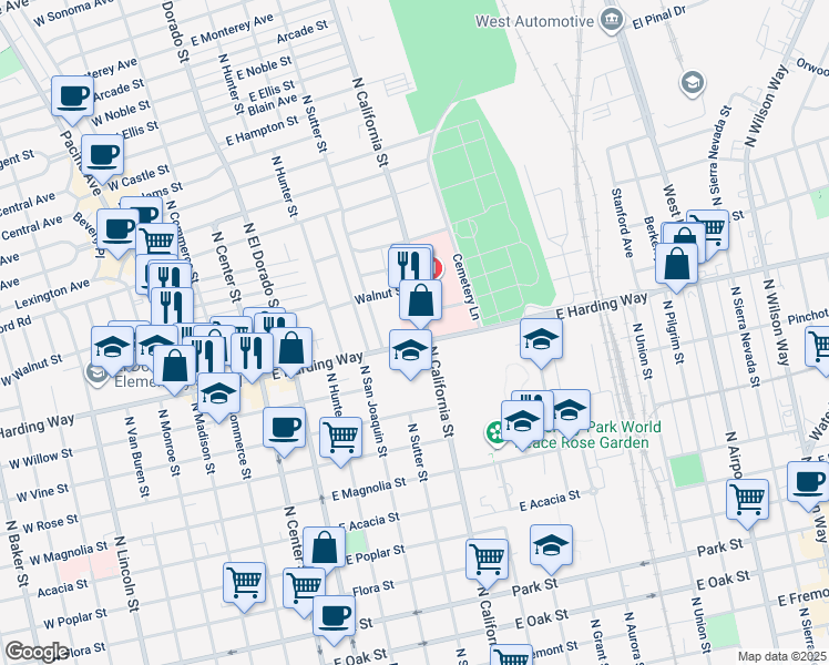 map of restaurants, bars, coffee shops, grocery stores, and more near 1301-1499 N California St in Stockton