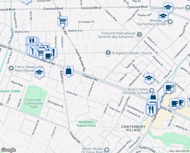 map of restaurants, bars, coffee shops, grocery stores, and more near 3892 Villa Vista Place in Concord