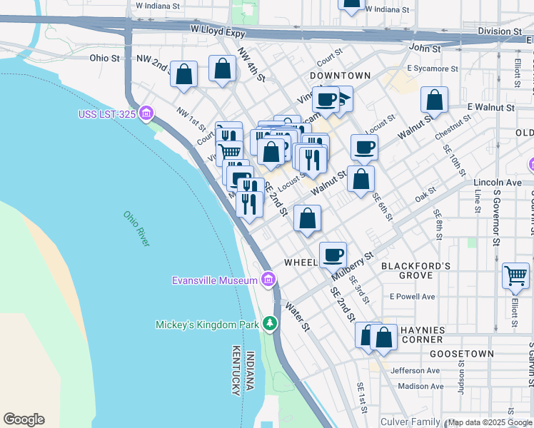 map of restaurants, bars, coffee shops, grocery stores, and more near 120 Southeast 1st Street in Evansville
