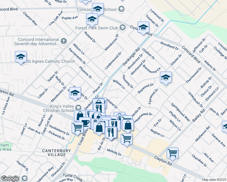 map of restaurants, bars, coffee shops, grocery stores, and more near 4238 Dubhe Court in Concord