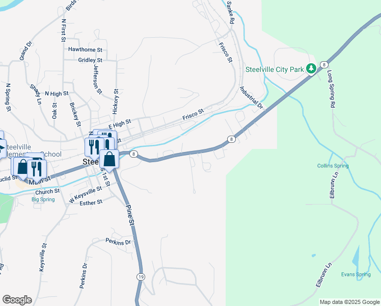 map of restaurants, bars, coffee shops, grocery stores, and more near 38 Missouri 8 in Steelville