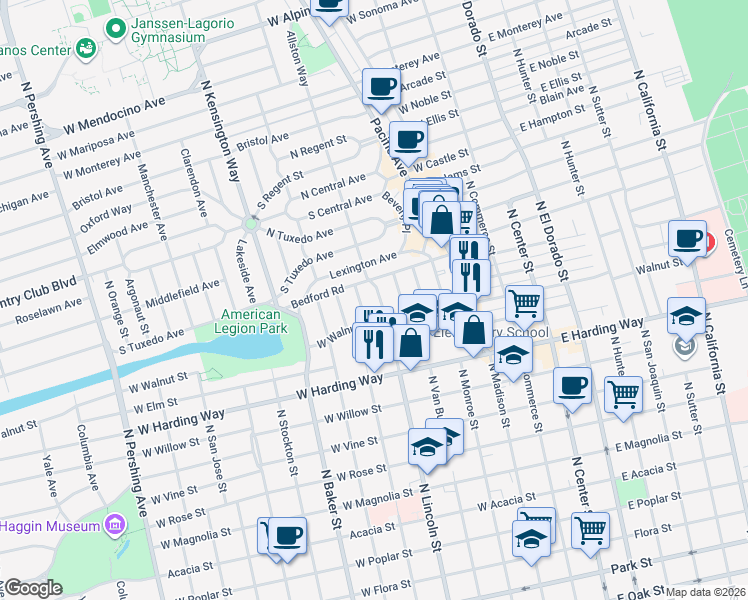 map of restaurants, bars, coffee shops, grocery stores, and more near 1835 Allston Way in Stockton