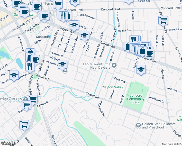 map of restaurants, bars, coffee shops, grocery stores, and more near 3201 Cambridge Place in Concord