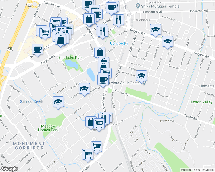 map of restaurants, bars, coffee shops, grocery stores, and more near Monument Boulevard & Cowell Road in Concord