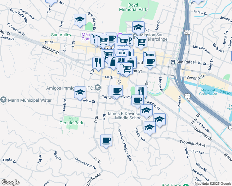 map of restaurants, bars, coffee shops, grocery stores, and more near 2 Bayview Street in San Rafael