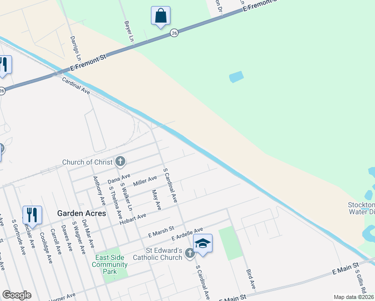 map of restaurants, bars, coffee shops, grocery stores, and more near 5546 Dana Avenue in Stockton