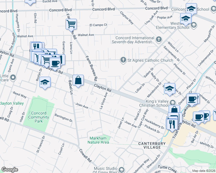 map of restaurants, bars, coffee shops, grocery stores, and more near 3892 Villa Vista Place in Concord