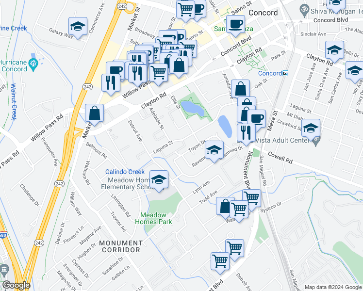 map of restaurants, bars, coffee shops, grocery stores, and more near 1463 Toyon Drive in Concord