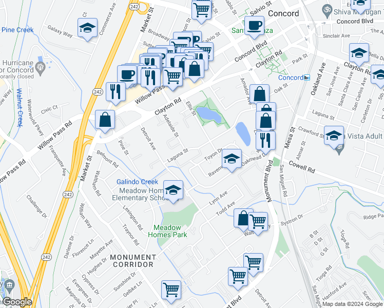map of restaurants, bars, coffee shops, grocery stores, and more near 1463 Toyon Drive in Concord