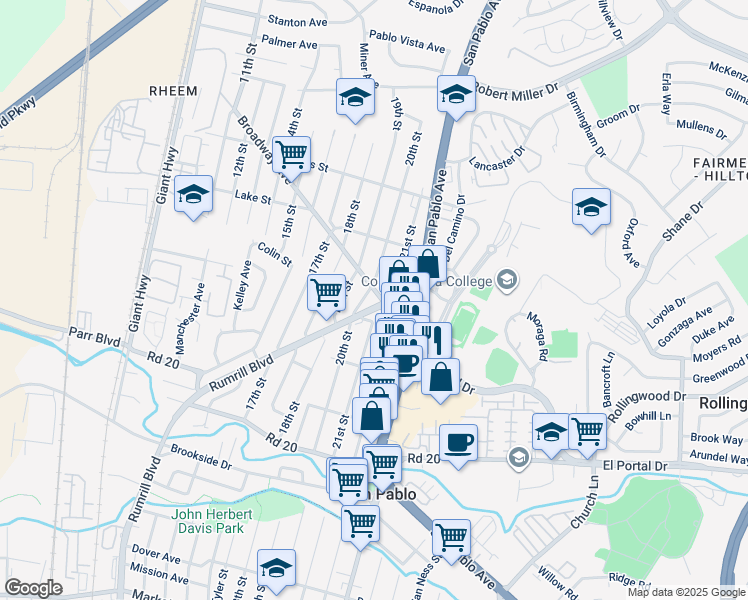 map of restaurants, bars, coffee shops, grocery stores, and more near 2569 Muir Street in San Pablo