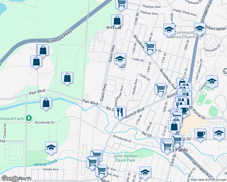 map of restaurants, bars, coffee shops, grocery stores, and more near 139 Westgate Circle in San Pablo
