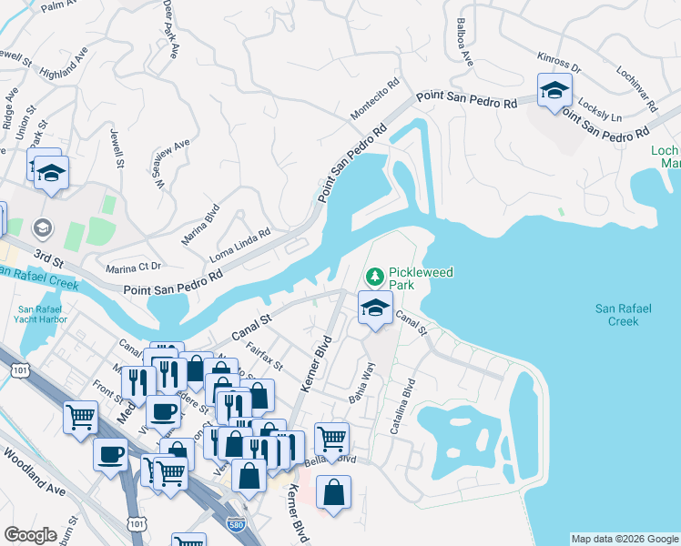 map of restaurants, bars, coffee shops, grocery stores, and more near 75 Canal Street in San Rafael