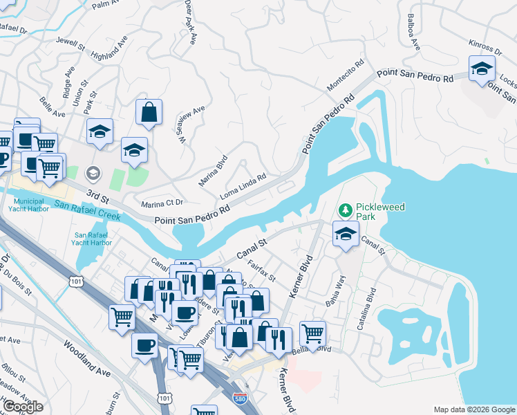 map of restaurants, bars, coffee shops, grocery stores, and more near 18 Portofino Road in San Rafael