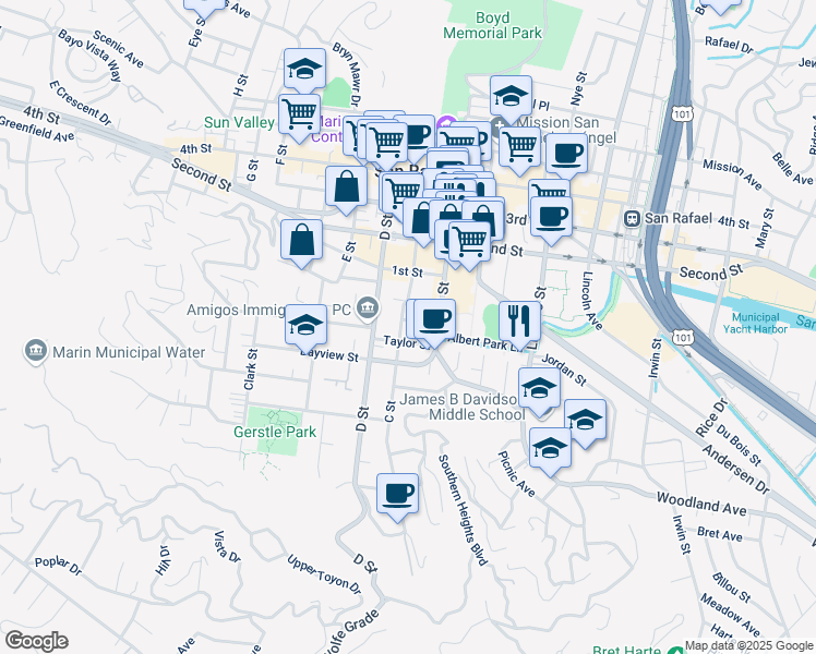 map of restaurants, bars, coffee shops, grocery stores, and more near 411 C Street in San Rafael